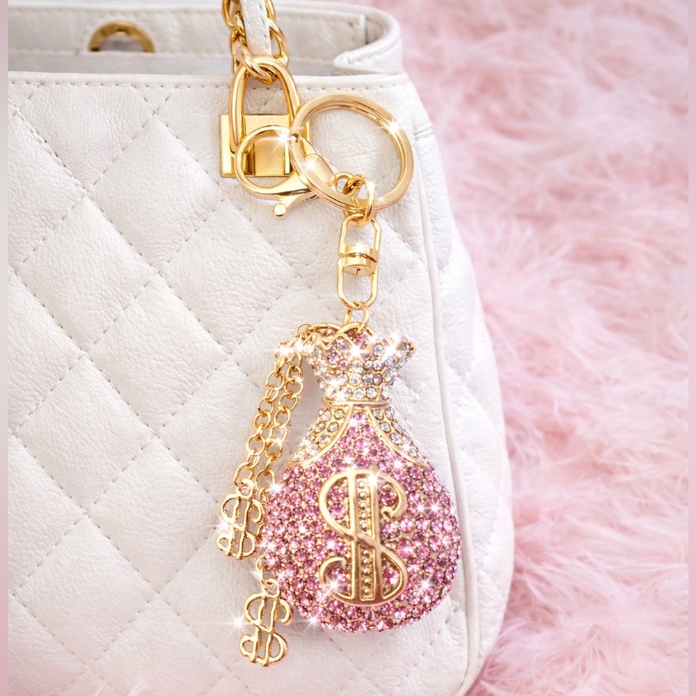 Rhinestone Money Bag Key Chain/Bag Charm with Gold Accents